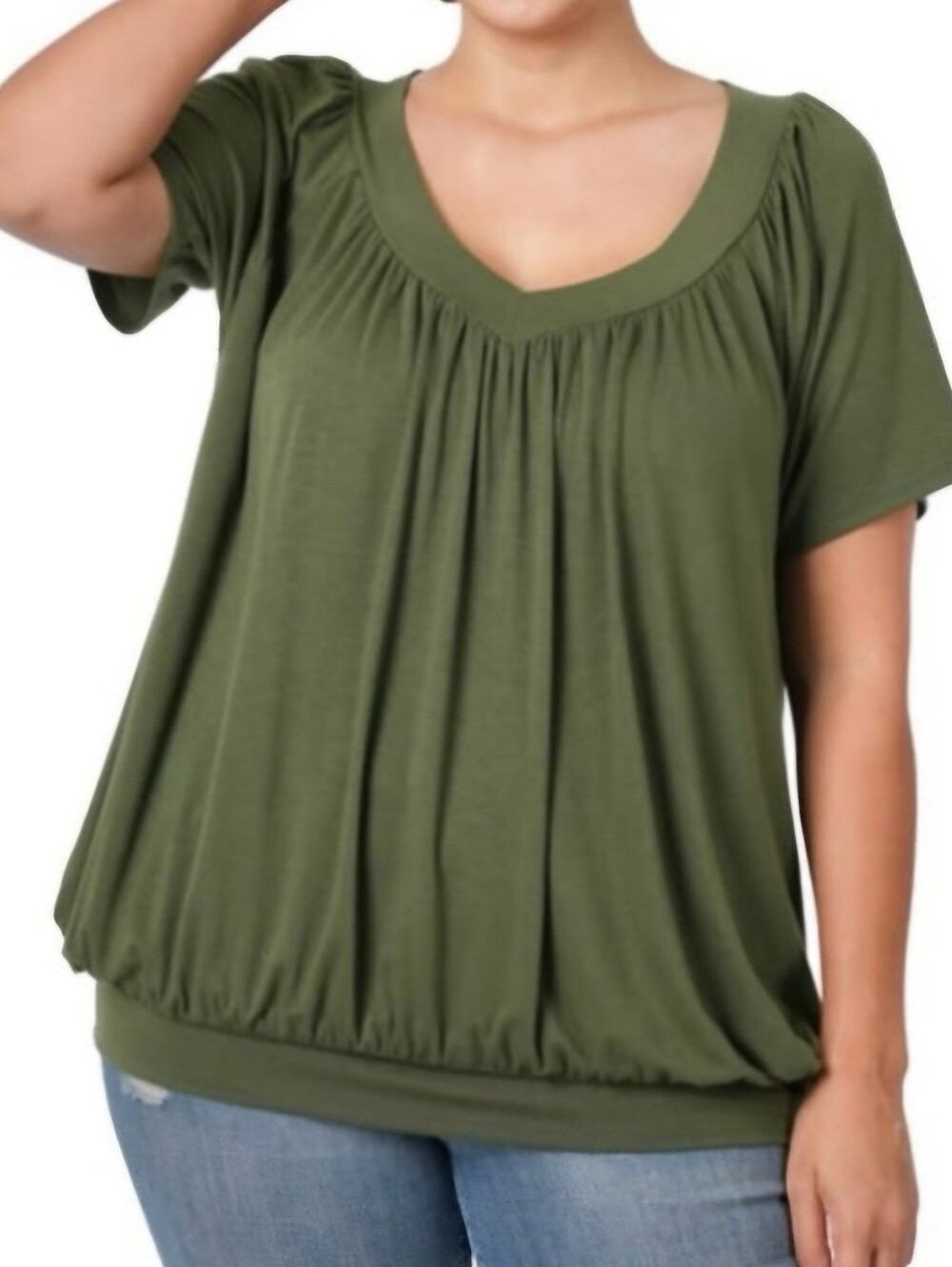 2X ZENANA Flowy Short Sleeves V-neck Shirring Banded Hem Top